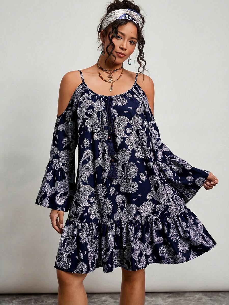 SHEIN LUNE 大码女式度假腰果花卉镂空喇叭袖系带宽松时尚连衣裙 - 彩色 - 查看 1