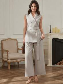 Dazy-Less 春夏修身休闲通勤职业套装，短款上衣搭配直筒裤，优雅通勤复古风，女士之选 - 卡其色 - 查看 3