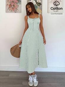 Siren Gaze 女士夏季系带侧开衩格子吊带中长连衣裙 女士夏季服装 女士夏季套装 女士夏季服装 女士加大码太阳裙 女士服装 棉质夏季连衣裙 格纹连衣裙 夏季连衣裙 女士休闲夏季连衣裙 野餐连衣裙 格纹夏季连衣裙 女士夏季连衣裙 绿色 度假 圣诞节 假日度假村 - 薄荷綠 - 查看 6