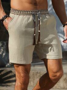 Manfinity RSRT 男士夏季休闲棉质抽绳腰斜插口袋纹理短裤 - 卡其色 - 查看 3