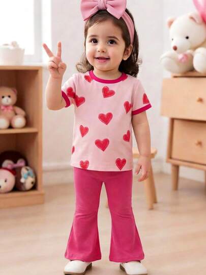 SHEIN 2pcs/Set Baby Girl Casual Round Neck Short Sleeve T-Shirt And Flare Pants Set, Pink Contrast Color, Cute Heart Print, Suitable For Spring/Summer
