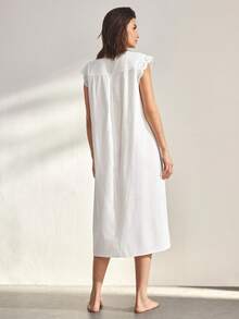 Ocili 100% Cotton Soft & Comfortable Ruffled Bow Tie Sleepwear Dress For Women - White - View 3