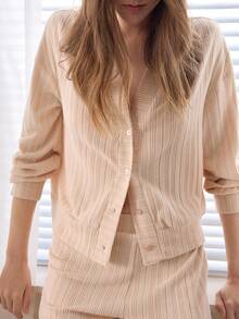 Ocili Gestreifter Fleece Langarm Cardigan & lange Hose bequemer Pyjama-Set für Frauen - Aprikosenfarben - Übersicht 6