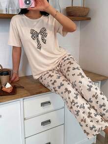 SHEIN 少女豹纹蝴蝶结印花短袖上衣和裤子家居服套装，适合甜美、优雅、热爱时尚的女孩 - 杏色 - 查看 5