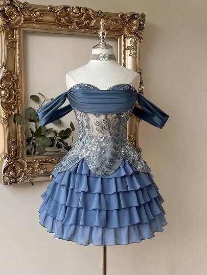 Lovelzi Elegant Slate Blue Luxury 3D Beaded Embroidered Off Shoulder Sweetheart Neckline Waist Glossy Satin 2 In 1 Chiffon Multi-Layered Ruffle A-Line Dress, Adjustable Tie Waist, Suitable For Dates, Vacations, Back To School, Weddings, Shopping, Music Festivals, Afternoon Tea, Short Women's Evening Party Dress