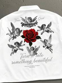 StoneGrade Angel & Rose 印花时尚宽松短款短袖衬衫，男士必备，约会聚会必备，送给男友的时尚情侣礼物 - 白色 - 查看 3