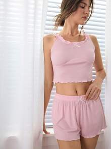 Ocili Bộ đồ ngủ nữ đơn giản màu trơn gồm áo croptop và quần short viền bèo tây, thích hợp cho mùa hè. - Hồng - Xem 3