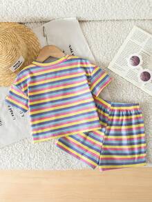 SHEIN LMoss Kids 女童彩色条纹两件套，可爱3D花朵短袖T恤+短裤，休闲宽松套装，居家户外舒适，可爱青春的宝宝时尚套装 - 彩色 - 查看 8