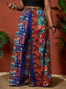 SHEIN CURVE+ Curve 尺码 US22 音乐节、海滨度假、波西米亚风 2026 春夏新款度假风多色图案元素印花宽松加长女裤 - 彩色 - 查看 4