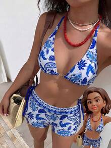 Swim Vcay 女士复古印花比基尼套装，搭配性感沙滩罩衫短裤，时尚夏季度假装 - 藍白色 - 查看 1