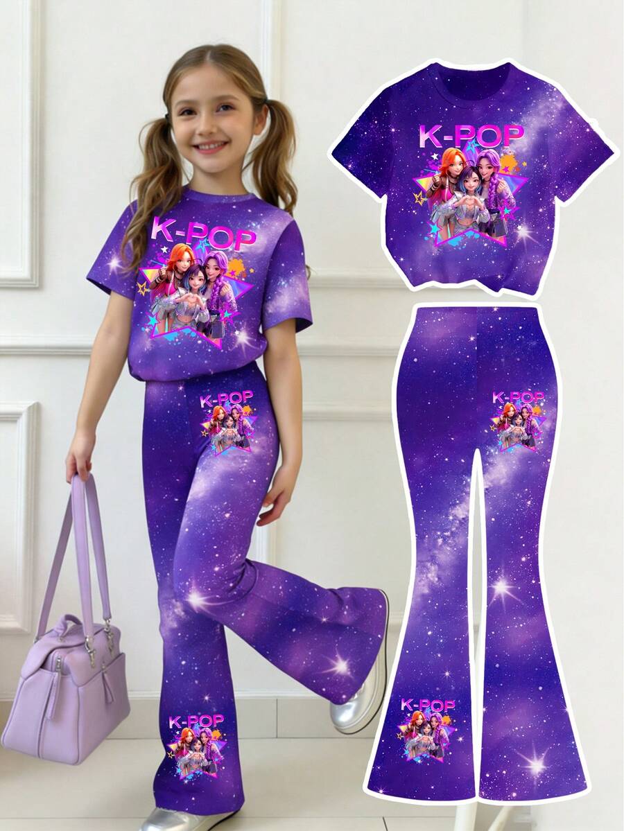 春夏女童休闲时尚创意个性清爽简约酷炫虚拟女团彩色五角星星系图案字母标语印花休闲基础款短袖T恤+喇叭裤套装,舒适日常穿着,适合春、夏、秋季穿着。 - 彩色 - 查看 1