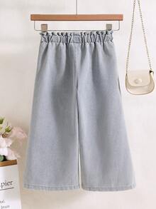 SHEIN 年轻女孩休闲波西米亚风假日平底阔腿牛仔裤，腰部平坦，口袋宽松，适合各种场合，适合日常穿搭。 - 淺色水洗藍 - 查看 2