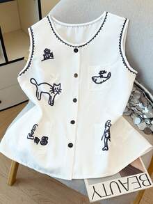 Nubod Plus Size Women Animal Print Pocket Elegant Sleeveless Shirt White Vest Cute Vest Sleeveless Top Button-Down Vest Embroidered Vest - White - View 3