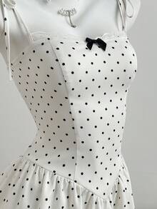 Elamini Y2K Cute Waist Cinched Polka Dot Print Mini Dress - Black and White - View 6