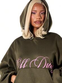 SUMWON WOMEN Áo Hoodie Oversized in chữ Off Duty, dây rút, túi giữa, phong cách đường phố thường ngày, áo nỉ chui đầu mùa đông thu. - xanh quân đội - Xem 5