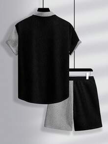 Manfinity RSRT 男士夏季沙滩度假热带印花拼接短袖衬衫和抽绳腰短裤套装 - 彩色 - 查看 3