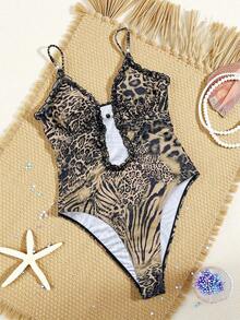 Swim SXY 棕色斑马纹和豹纹拼接镂空深V珍珠装饰网纱边性感沙滩比基尼连体泳衣，女士，春夏款 - 彩色 - 查看 4