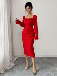 Rafferiza Red Retro Square Neck Dress/3D Rose Decor/Ruched Waist Design Flare Sleeve Elegant Party Dress - Red - View 3