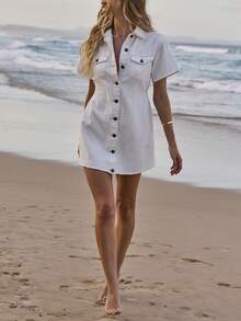 Aralina 女士夏季牛仔纽扣短袖迷你连衣裙，可爱度假穿搭，Y2K斯德哥尔摩风格 - 米色 - 查看 6