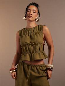 Hauture Women's Sexy Casual Sleeveless Tank Top With Side Cut Out Beaded Detail - Army Green - View 1