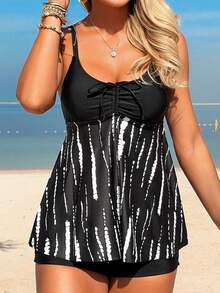 2026Swim Lushoire Women's 2-Piece Set:Black Watercolor Stripe & Tie-Dye Bow Front Dress + Shorts,Summer Casual Vacation Holiday Tummy Control Tankini - Black - View 2