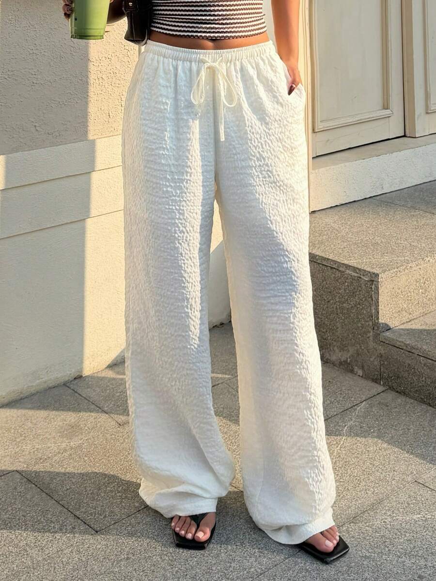 SHEIN EZwear White Woven Drawstring Wide Leg Casual Lounge Pants,Vacation Outfits Women, Beach Outfits For Woman, Rave Outfits, Hawaii Outfits Women Island Vacation Outfits - White - View 1