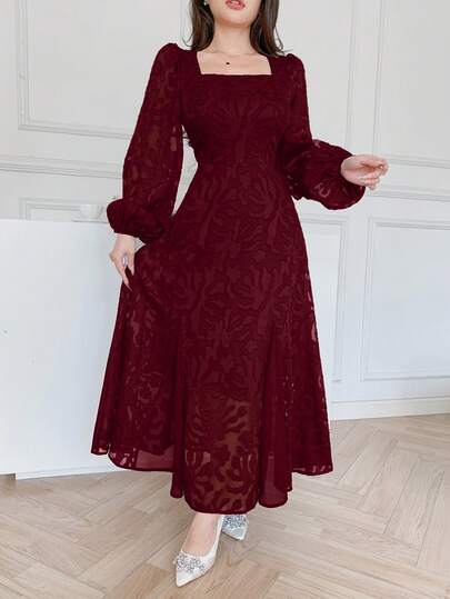 Feyla فستان أنيق للنساء بياقة مربعة وخصر مشدود وأكمام فانوس، خريفي