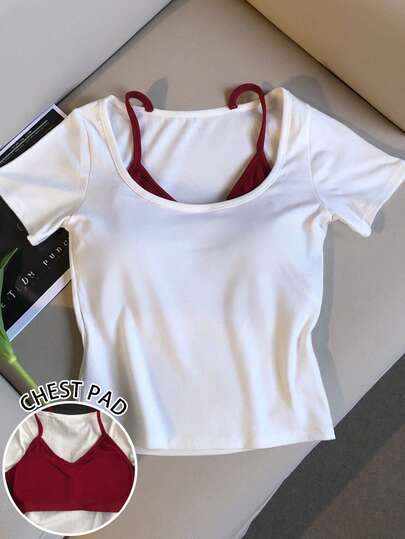 Resyla Women's Contrast Color 2 In 1 Square Neck Casual Short Sleeve Top