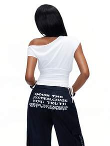 TypaGal Y2K Sexy Summer White Stylish Chic Bold Modern Women's Fashion Carnival Party Beach Vacation Street Casual  Women's Letter Print Oblique Shoulder Top - White - View 2