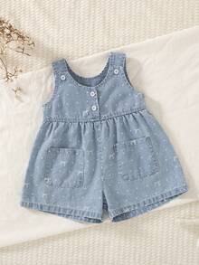 Baby Girl Light Blue Polka Dot Bow Denim Romper, Sweet And Cute Outfit For Daily Outings, Summer, Casual Wear, Parent-Child Outings, Kindergarten - Light Wash - View 1