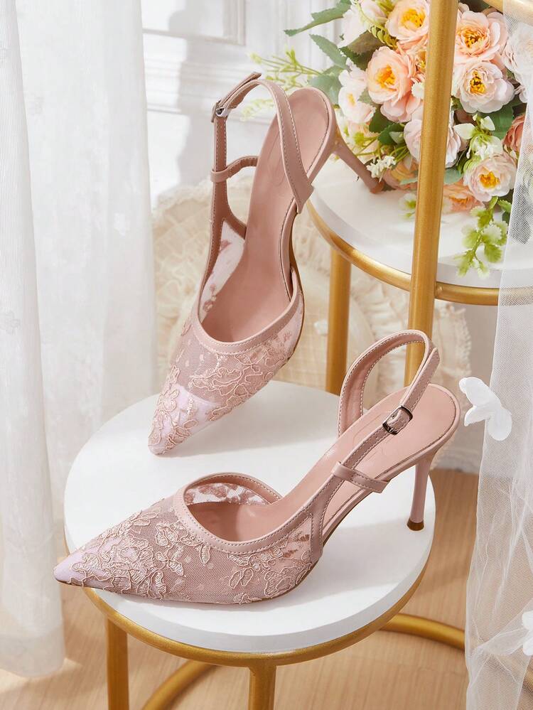 CUCCOO HITCHD Women Shoes Pointed Thin Heel Pink Mesh Lace Simple Slingback Women's Slingback Shoes Wedding Party Banquet Simple Fashion Sexy Women's High Heel Shoes Women's Shoes