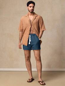 HIMLAND Men's Navy Blue Linen Drawstring Shorts, Summer Tropical Beach Vacation Plain Woven Fabric Casual Shorts With Knot Detail For Sports, Father's Day Gifts, Football - Blue - View 4