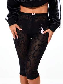 BABYPHAT 蕾丝七分紧身裤 高腰透视半透明七分裤 修身弹力裤装 情人节 - 黑色 - 查看 4