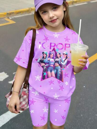 Spring And Summer Casual Fashion Creative Personalized Refreshing Chic Minimalist Cool Virtual Tween Girl Group Pentagram Purple Pentagram Logo Letter Slogan Graphic Print Casual Basic Short T-Shirt And Bike Shorts Set, Comfortable Cozy Summer And Fall Styles Suitable For Spring, Summer, Autumn Daily Sports Outfits And Sets