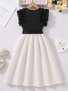 Vestido elegante sin mangas con recorte de volantes y bloques de color para niña preadolescente - Multicolor - Ver 3