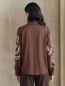 Anewsta Brown Versatile Long Sleeve Loose Retro Print Modern Elegant Casual Office Lady Shirt - Brown - View 2