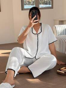 Napfluff CURVE Napfluff CURVE 极简可爱趣味白色条纹短袖睡衣套装 - 白色 - 查看 6