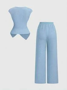 Sweetra 2pcs Minimalist Commuter Knit Textured Comfortable Casual Metal Buckle Decor Elegant Women Set, Autumn - Blue - View 2
