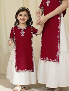 Young Girl Elegant V-Neck Floral Print Dress,Kids - Burgundy - View 5