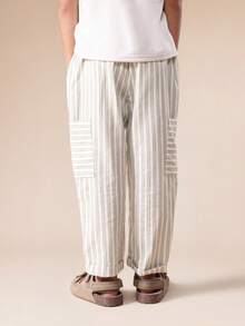 SUMWON 男童条纹工装裤，侧边口袋，宽松版型，休闲春夏裤装，卷边裤脚 - 綠色 - 查看 2