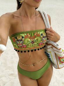 Swim Vcay 春假女士沙滩夏季服装，女士无肩带无钢圈防滑上衣和波西米亚风节日比基尼套装 - 綠色 - 查看 1