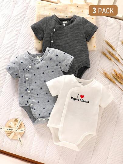 SHEIN 3pcs/Set Newborn/Infant/Toddler Boys/Girls Cute Casual Minimalist Comfortable Soft Breathable Short Sleeve Romper, Adorable Bear Print Pattern, Suitable For Spring, Summer, Autumn, Winter, Daily Wear, Birthday Party, Photography Baby Boy Summer Clothes 3 Pack Infant Outfit Baby Short Sleeve Bodysuits Newborn Unisex Clothes