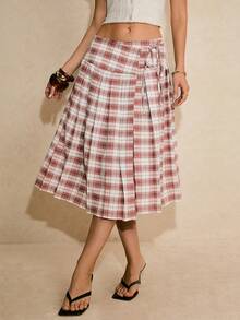 Poéselle 女士格子印花裹身系带休闲百搭迷你裙 - 紅白色 - 查看 4