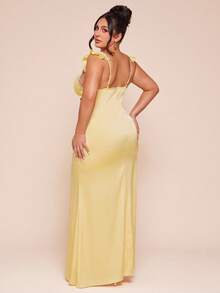 SHEIN BAE 大码女式系带修身优雅连衣裙，带荷叶袖 - 黃色 - 查看 3