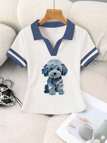 Rovax 女士卡通狗印花翻领短袖休闲上衣 - 白色 - 查看 4