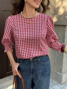 Solivie Women's Casual Plaid Round Neck Puff Sleeve Blouse, Summer - Red and White - View 3