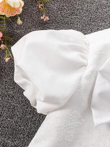 Young Girl' Summer Jacquard Bow Puff Sleeve Party Dress, White Versatile Elegant Dress White Dress With Bow For Girls Bow Detail Dress Young Girl White Elegant Dress Coquette Ivory Dress For Girls Girl Puff Sleeve Dress - White - View 6