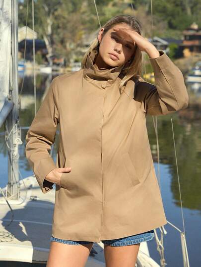 WESTFADE Funnel Neck Button Front Loose A Line Jacket With Pockets Spring, Resort Wear, Summer, Casual, Cute, Boho, Nashville, Country, Cowgirl, Western Clothes For Women, Vacation, Beach, Brunch Outfit