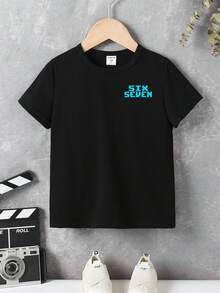 Young Boys' Casual Creative Personalized Refreshing Cute Simple Numeric 67 Cartoon Block Graphic Letter Slogan Print Comfortable Basic Short Sleeve T-Shirt, Suitable For Spring, Summer And Autumn - Black - View 2
