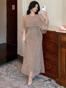 DAZY 亮片披肩收腰中长连衣裙（女款） - 杏色 - 查看 6